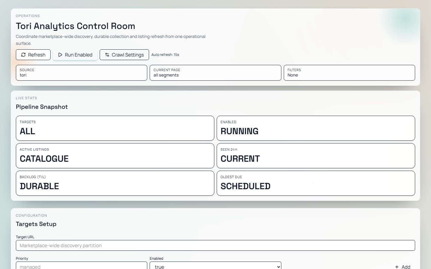 Sanitized Tori Analytics control room showing selected-category collection and durable pipeline state.